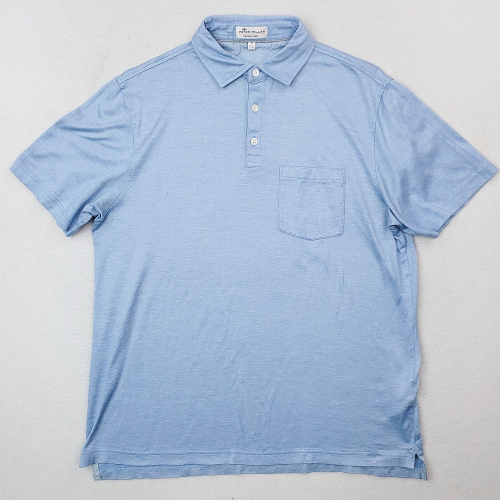 Peter Millar Shirt Mens Medium Blue Crown Cool Performance Golf Polo Linen Blend